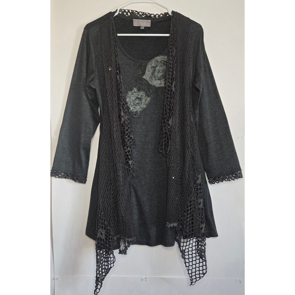 Pretty Angel Women Charcoal Gray Silk Blend Floral Applique Mesh Layered Tunic L